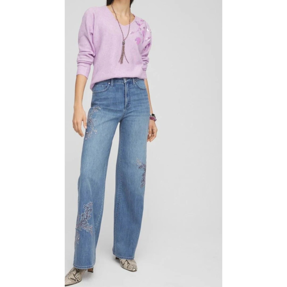 Chico's So Slimming Embellished Wide Leg High Rise Jeans Size 16 R $189